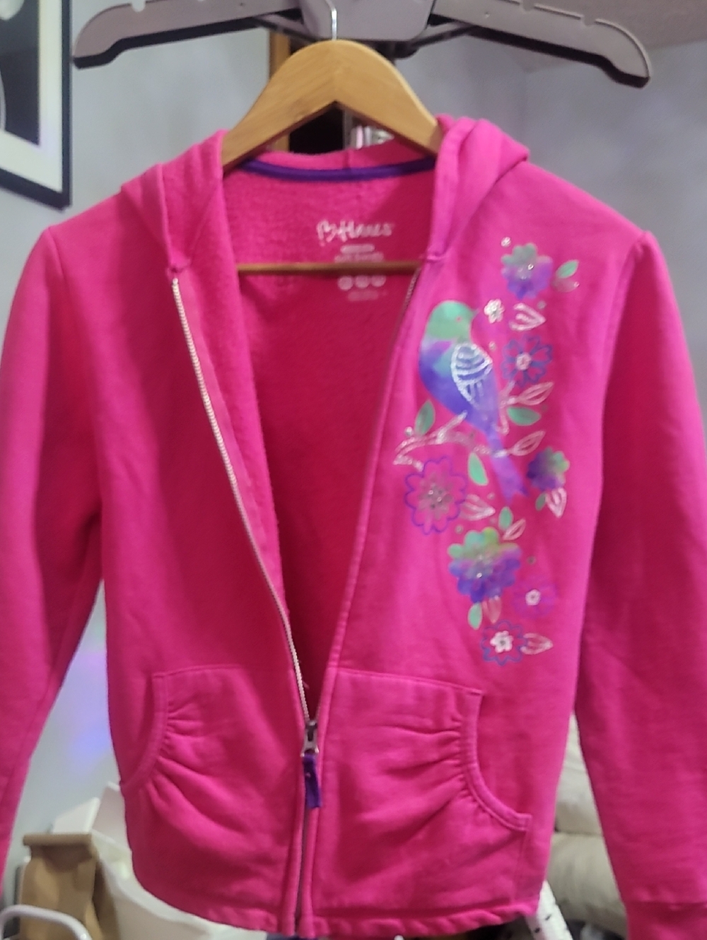 Hanes Hot Pink Girls' Hooded Zip-Up Sweatshirt with Bird & Floral Print